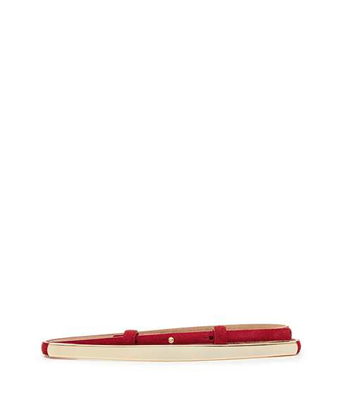 Broadway Suede Metal Detail Belt - predominant colour: true red; secondary colour: gold; occasions: casual, creative work; type of pattern: light; style: classic; size: skinny; worn on: hips; material: leather; pattern: plain; finish: plain; season: s/s 2016