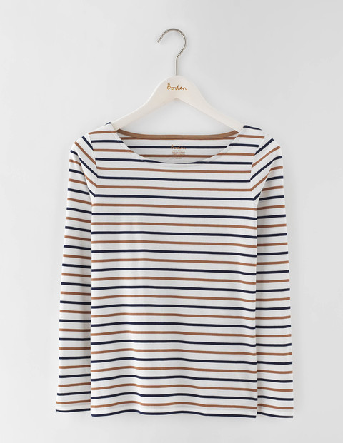 Long Sleeve Breton Ivory/Navy/Camel Women, Ivory/Navy/Camel - neckline: round neck; pattern: horizontal stripes; predominant colour: ivory/cream; secondary colour: navy; occasions: casual, creative work; length: standard; style: top; fibres: cotton - 100%; fit: straight cut; sleeve length: long sleeve; sleeve style: standard; pattern type: fabric; texture group: jersey - stretchy/drapey; pattern size: big & busy (top); season: s/s 2016; wardrobe: basic