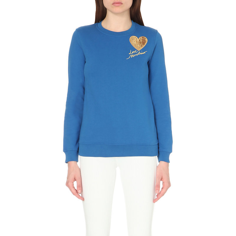 Sequin Embroidered Cotton Sweatshirt, Women's, Blue - pattern: plain; style: sweat top; predominant colour: diva blue; secondary colour: gold; occasions: casual; length: standard; fibres: cotton - 100%; fit: body skimming; neckline: crew; sleeve length: long sleeve; sleeve style: standard; pattern type: fabric; texture group: jersey - stretchy/drapey; embellishment: sequins; season: s/s 2016; wardrobe: highlight