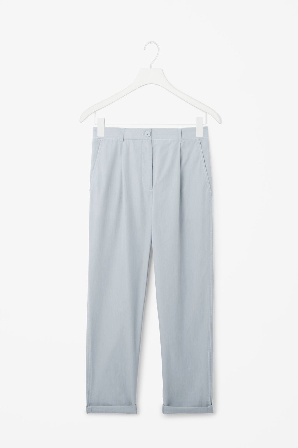 Straight Chino Trousers - pattern: plain; waist: mid/regular rise; predominant colour: light grey; length: ankle length; style: chino; fibres: polyester/polyamide - 100%; texture group: crepes; fit: slim leg; pattern type: fabric; occasions: creative work; season: s/s 2016; wardrobe: basic