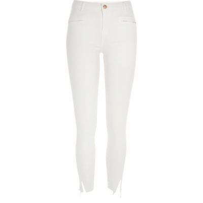 Womens White Distressed Molly Jeggings - style: skinny leg; pattern: plain; waist: high rise; predominant colour: white; occasions: casual; length: ankle length; fibres: cotton - stretch; texture group: denim; pattern type: fabric; season: s/s 2016; wardrobe: highlight
