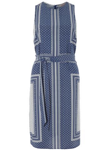 Womens Petite Scarf Print Midi Dress Blue - style: shift; sleeve style: sleeveless; waist detail: belted waist/tie at waist/drawstring; secondary colour: ivory/cream; predominant colour: denim; length: on the knee; fit: body skimming; fibres: polyester/polyamide - 100%; neckline: crew; sleeve length: sleeveless; pattern type: fabric; pattern: patterned/print; texture group: other - light to midweight; occasions: creative work; season: s/s 2016; wardrobe: highlight