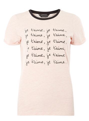Womens Pink Je T'aime Motif Tee Pink - style: t-shirt; predominant colour: blush; secondary colour: black; occasions: casual; length: standard; fibres: polyester/polyamide - mix; fit: body skimming; neckline: crew; sleeve length: short sleeve; sleeve style: standard; pattern type: fabric; texture group: jersey - stretchy/drapey; pattern: graphic/slogan; multicoloured: multicoloured; season: s/s 2016; wardrobe: highlight