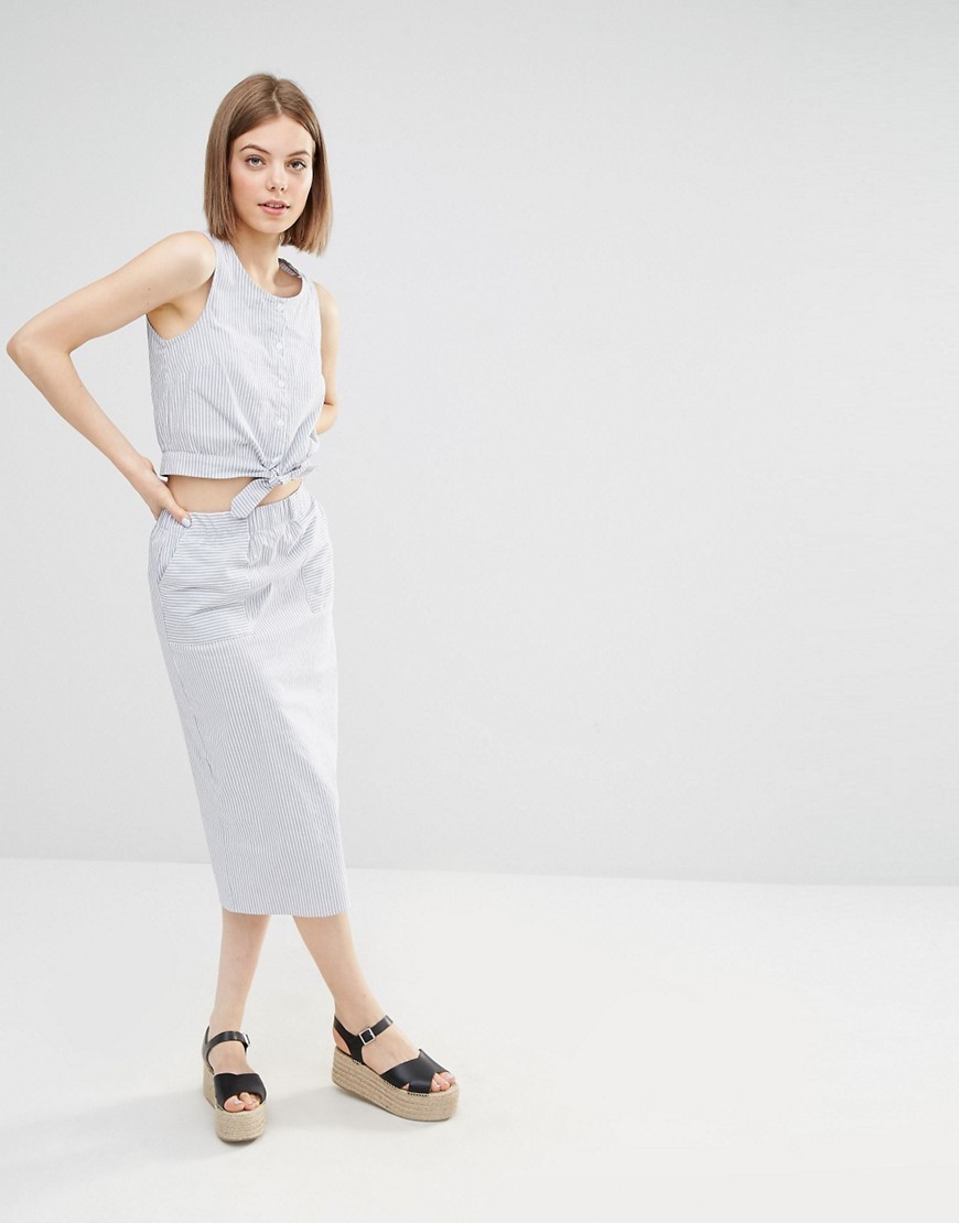 Stripe Column Midi Skirt Blue Stripe - length: calf length; pattern: plain; style: pencil; fit: body skimming; waist: mid/regular rise; predominant colour: pale blue; occasions: casual; fibres: cotton - stretch; texture group: cotton feel fabrics; pattern type: fabric; season: s/s 2016; wardrobe: highlight