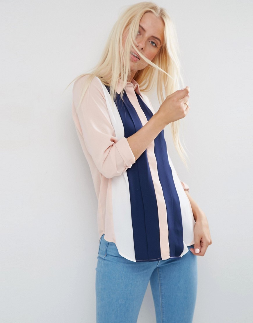 Pintuck Colour Block Blouse Multi - neckline: shirt collar/peter pan/zip with opening; pattern: vertical stripes; style: shirt; predominant colour: blush; secondary colour: navy; occasions: casual; length: standard; fibres: polyester/polyamide - 100%; fit: body skimming; sleeve length: long sleeve; sleeve style: standard; texture group: crepes; pattern type: fabric; pattern size: standard; multicoloured: multicoloured; season: s/s 2016; wardrobe: highlight