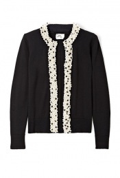 Black Pearl Trim Cardigan - neckline: round neck; pattern: plain; bust detail: added detail/embellishment at bust; style: open front; predominant colour: black; occasions: casual, evening, work; length: standard; trends: forties, knitwear; fibres: wool - 100%; fit: standard fit; sleeve length: long sleeve; sleeve style: standard; pattern type: knitted - other; pattern size: small & light; embellishment: beading