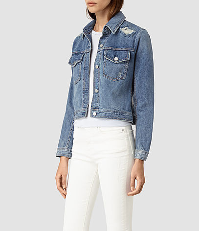 Katie Distressed Jacket - pattern: plain; style: denim; predominant colour: denim; occasions: casual, creative work; length: standard; fit: tailored/fitted; fibres: cotton - 100%; collar: shirt collar/peter pan/zip with opening; sleeve length: long sleeve; sleeve style: standard; texture group: denim; collar break: high/illusion of break when open; pattern type: fabric; season: s/s 2016; wardrobe: basic
