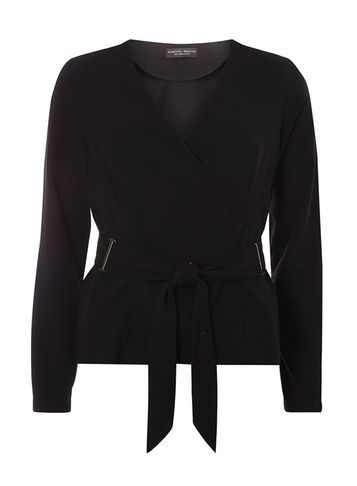 Womens Black Buckle Jacket Black - pattern: plain; style: belted jacket; collar: round collar/collarless; predominant colour: black; occasions: evening, creative work; length: standard; fit: tailored/fitted; fibres: polyester/polyamide - 100%; waist detail: belted waist/tie at waist/drawstring; sleeve length: long sleeve; sleeve style: standard; texture group: crepes; collar break: medium; pattern type: fabric; season: s/s 2016; wardrobe: investment