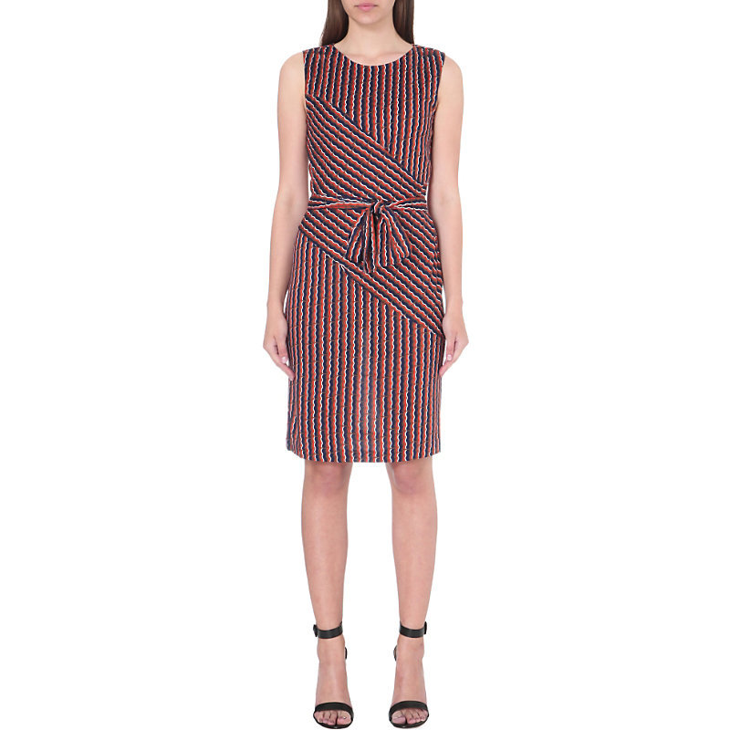 Ashlie Silk Jersey Faux Wrap Dress, Women's, Rickrack Khaki - style: shift; neckline: round neck; sleeve style: sleeveless; pattern: striped; waist detail: belted waist/tie at waist/drawstring; secondary colour: true red; predominant colour: navy; occasions: casual, creative work; length: just above the knee; fit: body skimming; fibres: silk - mix; sleeve length: sleeveless; texture group: crepes; pattern type: fabric; season: s/s 2016; wardrobe: highlight