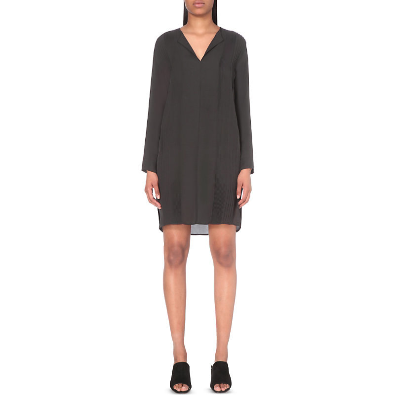 Panelled Silk Dress, Women's, Black - style: shift; neckline: v-neck; pattern: plain; predominant colour: black; occasions: evening; length: just above the knee; fit: body skimming; fibres: silk - 100%; sleeve length: long sleeve; sleeve style: standard; texture group: sheer fabrics/chiffon/organza etc.; pattern type: fabric; season: s/s 2016; wardrobe: event