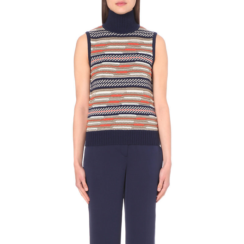 Carsyn Jacquard Knit Top, Women's, Size: Medium, Black/Orange Combo - pattern: horizontal stripes; sleeve style: sleeveless; neckline: roll neck; predominant colour: navy; occasions: casual, creative work; length: standard; style: top; fibres: wool - mix; fit: body skimming; sleeve length: sleeveless; texture group: knits/crochet; pattern type: knitted - fine stitch; pattern size: big & busy (top); multicoloured: multicoloured; season: s/s 2016; wardrobe: basic
