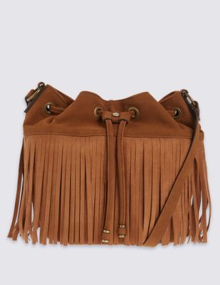 Faux Leather Fringed Bucket Duffle Bag - predominant colour: tan; occasions: casual, creative work; type of pattern: standard; style: onion bag; length: shoulder (tucks under arm); size: standard; material: faux leather; embellishment: tassels; pattern: plain; finish: plain; season: s/s 2016; wardrobe: highlight; trends: romantic explorer