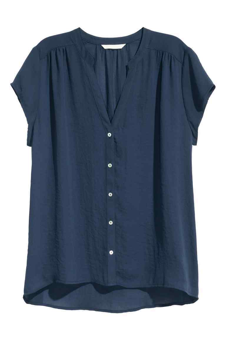 V Neck Blouse - pattern: plain; style: blouse; predominant colour: navy; occasions: casual; length: standard; neckline: collarstand & mandarin with v-neck; fibres: polyester/polyamide - 100%; fit: body skimming; sleeve length: short sleeve; sleeve style: standard; pattern type: fabric; texture group: other - light to midweight; season: s/s 2016; wardrobe: basic