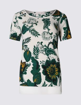 Floral Print Chiffon Top - neckline: round neck; predominant colour: white; secondary colour: dark green; occasions: casual; length: standard; style: top; fibres: polyester/polyamide - 100%; fit: body skimming; sleeve length: short sleeve; sleeve style: standard; texture group: sheer fabrics/chiffon/organza etc.; pattern type: fabric; pattern: florals; pattern size: big & busy (top); multicoloured: multicoloured; season: s/s 2016; wardrobe: highlight