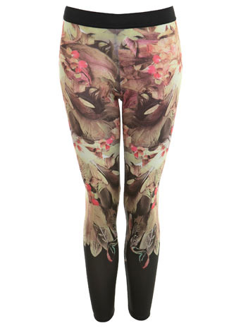 Feather Floral Legging - length: standard; style: leggings; waist detail: elasticated waist, narrow waistband; waist: mid/regular rise; predominant colour: taupe; occasions: casual; trends: trousers, prints; fibres: polyester/polyamide - stretch; hip detail: fitted at hip (bottoms); fit: skinny/tight leg
