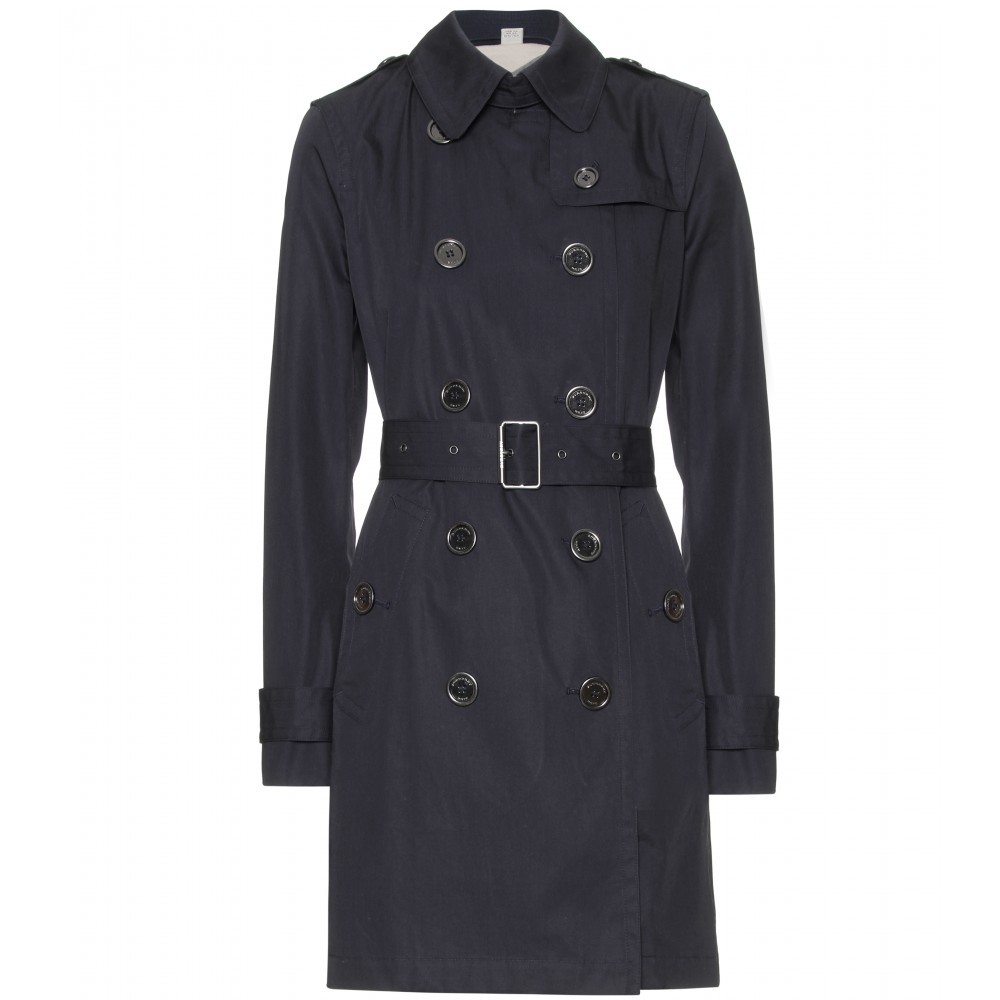 Balmoral Trench Coat - pattern: plain; hip detail: side pockets at hip; style: trench coat; length: on the knee; collar: standard lapel/rever collar; predominant colour: navy; occasions: casual, evening, work; fit: tailored/fitted; fibres: cotton - 100%; waist detail: belted waist/tie at waist/drawstring; shoulder detail: discreet epaulette; sleeve length: long sleeve; sleeve style: standard; collar break: medium; pattern type: fabric; pattern size: standard