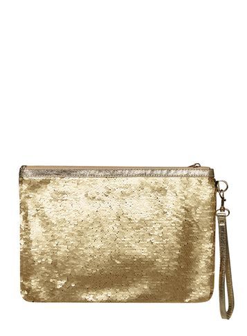 Womens Black And Gold Sequin Wristlet Bag Metallic - predominant colour: gold; occasions: evening, occasion; type of pattern: standard; style: clutch; length: hand carry; size: small; material: fabric; embellishment: sequins; pattern: plain; finish: metallic; season: s/s 2016; wardrobe: event
