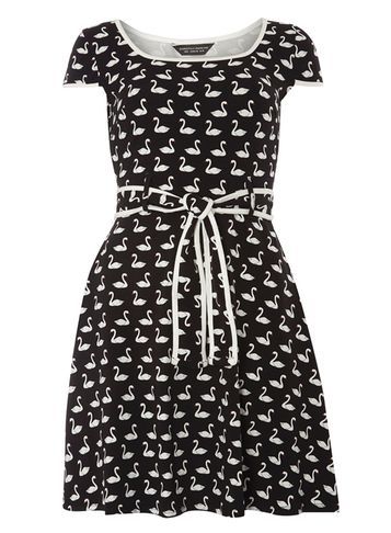 Womens Black Swan Print Belted Dress Black - length: mid thigh; neckline: round neck; sleeve style: capped; waist detail: belted waist/tie at waist/drawstring; secondary colour: white; predominant colour: black; occasions: casual; fit: fitted at waist & bust; style: fit & flare; fibres: cotton - stretch; sleeve length: short sleeve; pattern type: fabric; pattern: patterned/print; texture group: jersey - stretchy/drapey; multicoloured: multicoloured; season: s/s 2016; wardrobe: highlight