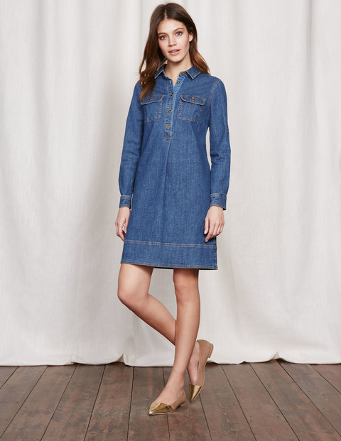 Lola Dress Vintage Denim Women, Vintage Denim - style: shirt; neckline: shirt collar/peter pan/zip with opening; pattern: plain; predominant colour: denim; occasions: casual; length: just above the knee; fit: body skimming; fibres: cotton - stretch; sleeve length: long sleeve; sleeve style: standard; texture group: denim; pattern type: fabric; season: s/s 2016; wardrobe: basic
