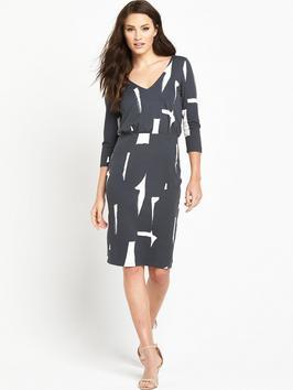 Costa Rica 3/4 Sleeve Dress - style: shift; neckline: v-neck; secondary colour: white; predominant colour: charcoal; length: just above the knee; fit: body skimming; fibres: polyester/polyamide - 100%; occasions: occasion, creative work; sleeve length: 3/4 length; sleeve style: standard; pattern type: fabric; pattern size: standard; pattern: patterned/print; texture group: woven light midweight; season: s/s 2016; wardrobe: highlight