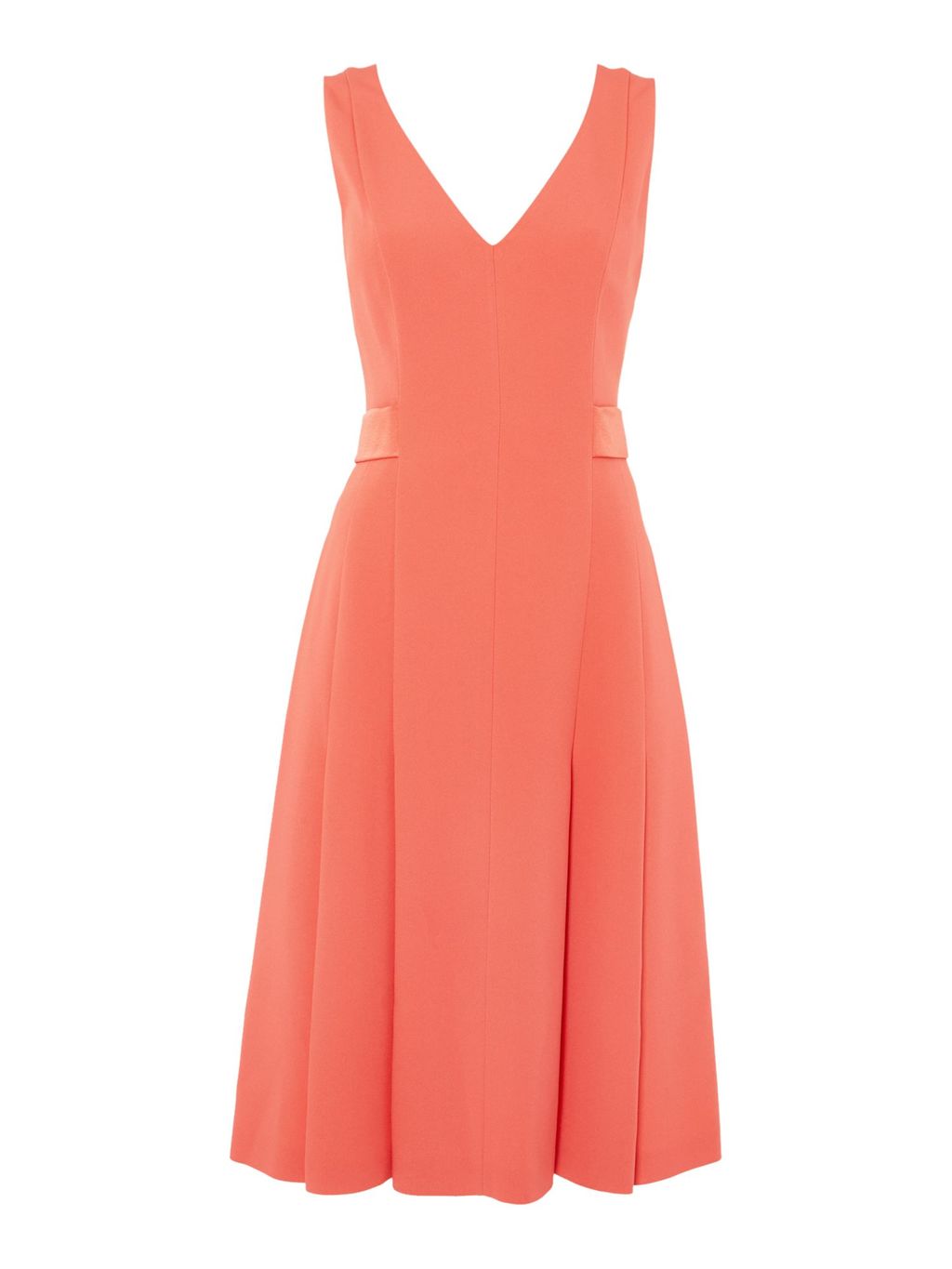 Dibella V Neck Crepe Fit & Flare Dress, Pink - neckline: v-neck; pattern: plain; sleeve style: sleeveless; predominant colour: coral; occasions: evening; length: on the knee; fit: fitted at waist & bust; style: fit & flare; sleeve length: sleeveless; texture group: crepes; pattern type: fabric; fibres: viscose/rayon - mix; season: s/s 2016; wardrobe: event
