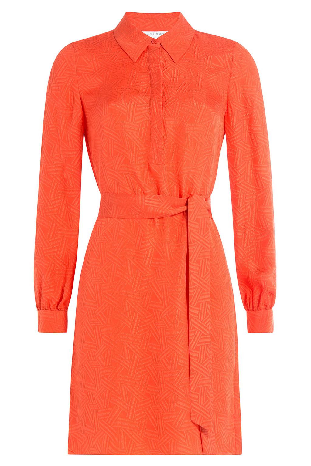 Silk Dress - style: shirt; neckline: shirt collar/peter pan/zip with opening; pattern: plain; waist detail: belted waist/tie at waist/drawstring; predominant colour: bright orange; occasions: evening; length: just above the knee; fit: body skimming; fibres: silk - 100%; sleeve length: long sleeve; sleeve style: standard; texture group: silky - light; pattern type: fabric; season: s/s 2016; wardrobe: event