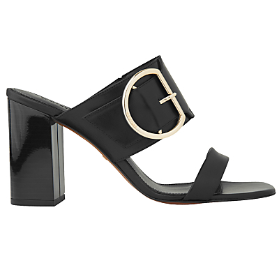 Fairhope Double Strap Mule Sandals - secondary colour: gold; predominant colour: black; occasions: evening; material: leather; heel height: high; embellishment: buckles; heel: block; toe: open toe/peeptoe; style: standard; finish: patent; pattern: plain; season: s/s 2016; wardrobe: event