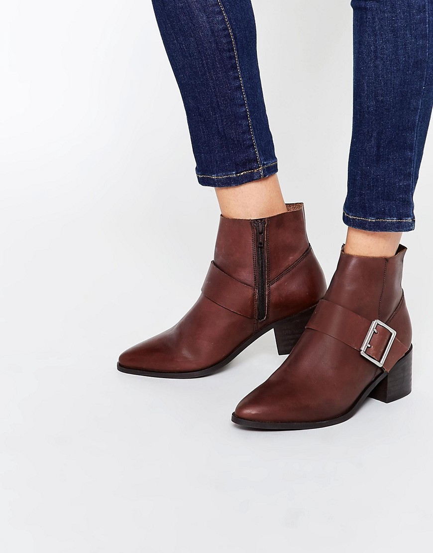 Rally Leather Buckle Ankle Boots Choc Leather - predominant colour: burgundy; occasions: casual, creative work; material: leather; heel height: mid; embellishment: buckles; heel: block; toe: pointed toe; boot length: ankle boot; style: standard; finish: plain; pattern: plain; season: s/s 2016; wardrobe: highlight