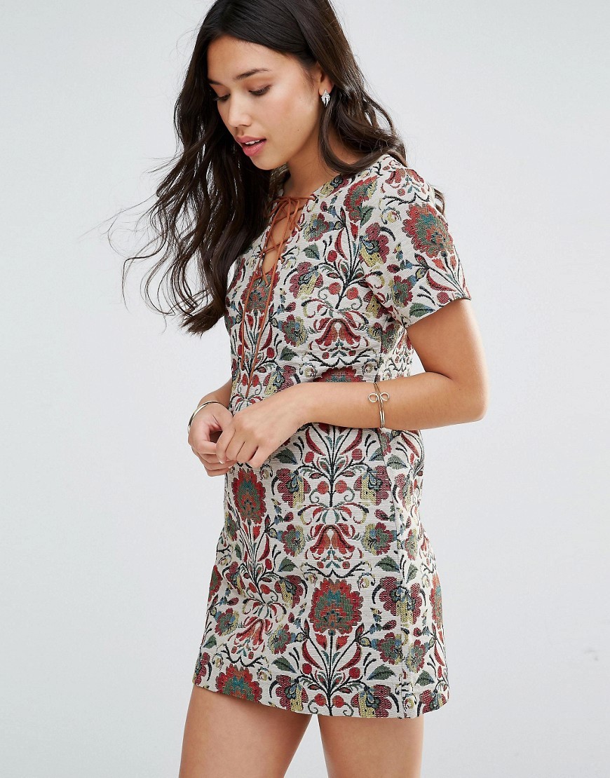 Mini Tapestry Dress Multi - style: shift; length: mini; predominant colour: white; secondary colour: mid grey; occasions: casual; fit: body skimming; fibres: polyester/polyamide - mix; neckline: crew; sleeve length: short sleeve; sleeve style: standard; pattern type: fabric; pattern size: big & busy; pattern: florals; texture group: other - light to midweight; multicoloured: multicoloured; season: s/s 2016; wardrobe: highlight