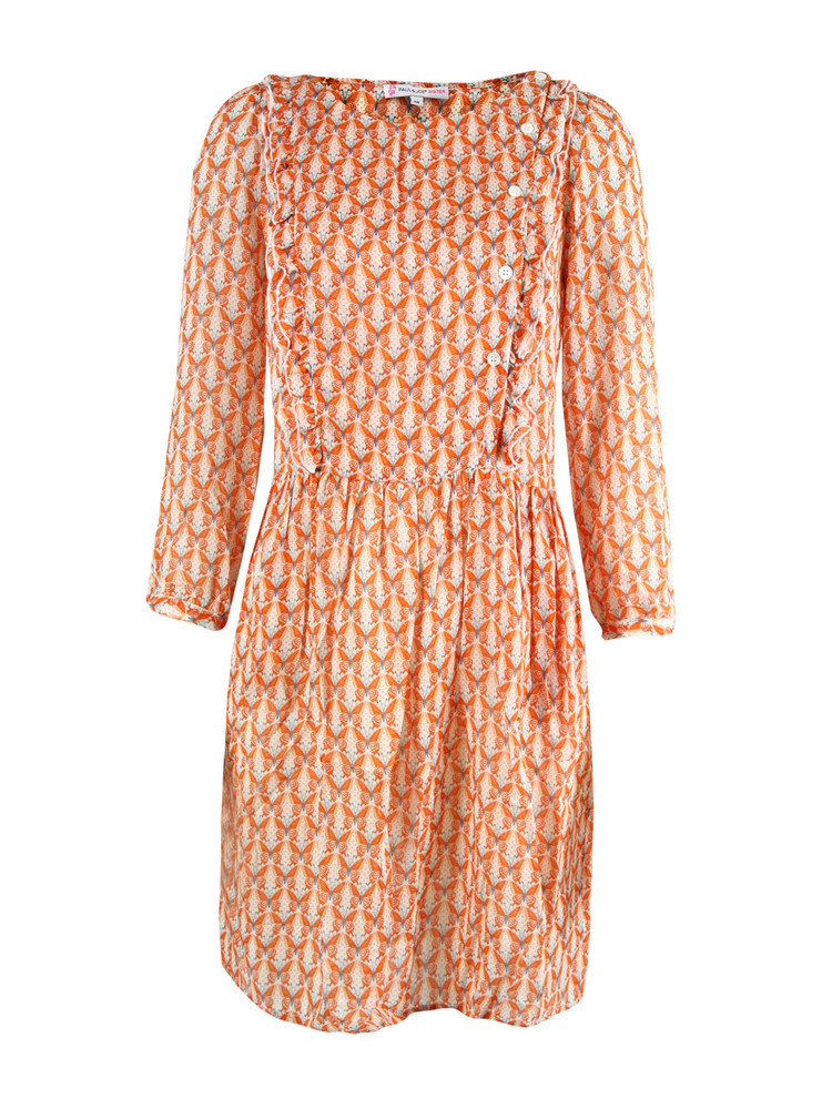 New For Ss12 Suzette Orange Dress - style: shift; neckline: round neck; pattern: print, patterned/print; waist detail: fitted waist, twist front waist detail/nipped in at waist on one side/soft pleats/draping/ruching/gathering waist detail; bust detail: ruching/gathering/draping/layers/pintuck pleats at bust; predominant colour: bright orange; occasions: casual, work; length: just above the knee; fit: body skimming; trends: prints, prints; fibres: polyester/polyamide - 100%; hip detail: soft pleats at hip/draping at hip/flared at hip; sleeve length: long sleeve; sleeve style: standard; pattern type: fabric; pattern size: standard