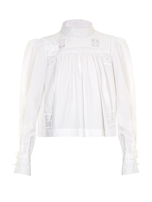 Skara Embroidered Top - pattern: plain; neckline: high neck; length: cropped; bust detail: subtle bust detail; predominant colour: white; occasions: work, creative work; style: top; fibres: cotton - 100%; fit: straight cut; sleeve length: long sleeve; sleeve style: standard; pattern type: fabric; texture group: other - light to midweight; embellishment: embroidered; season: s/s 2016; wardrobe: highlight; trends: statement sleeves