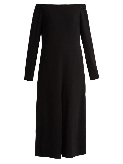 Off The Shoulder Crepe Jumpsuit - neckline: off the shoulder; pattern: plain; predominant colour: black; occasions: evening; length: calf length; fit: body skimming; fibres: polyester/polyamide - mix; sleeve length: long sleeve; sleeve style: standard; texture group: crepes; style: jumpsuit; pattern type: fabric; season: s/s 2016; wardrobe: event