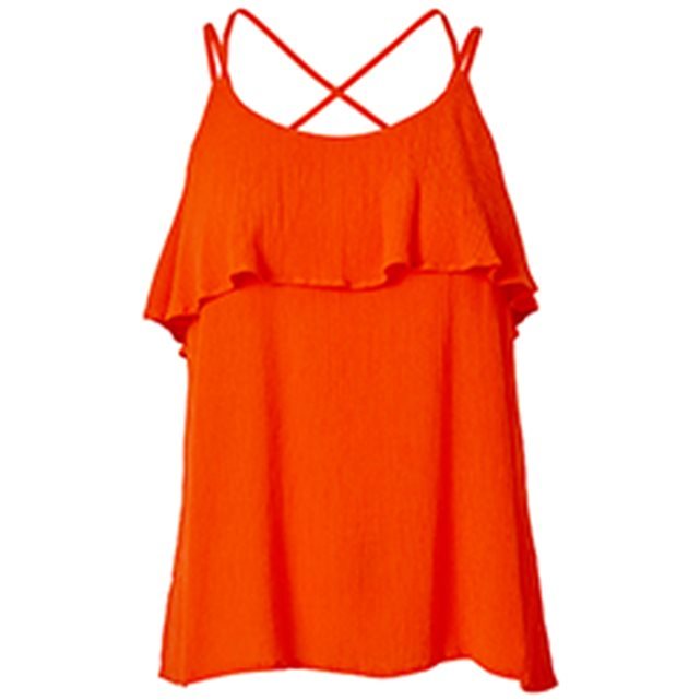 Crinkla Camisole Top - sleeve style: spaghetti straps; pattern: plain; style: camisole; predominant colour: bright orange; occasions: casual, holiday; length: standard; neckline: scoop; fibres: viscose/rayon - 100%; fit: loose; back detail: crossover; sleeve length: sleeveless; pattern type: fabric; texture group: other - light to midweight; season: s/s 2016; wardrobe: highlight