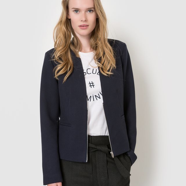 Vizenta Cropped Zipped Jacket - pattern: plain; style: single breasted blazer; collar: round collar/collarless; predominant colour: navy; occasions: casual, creative work; length: standard; fit: tailored/fitted; fibres: polyester/polyamide - mix; sleeve length: long sleeve; sleeve style: standard; collar break: high; pattern type: fabric; texture group: woven light midweight; season: s/s 2016; wardrobe: basic