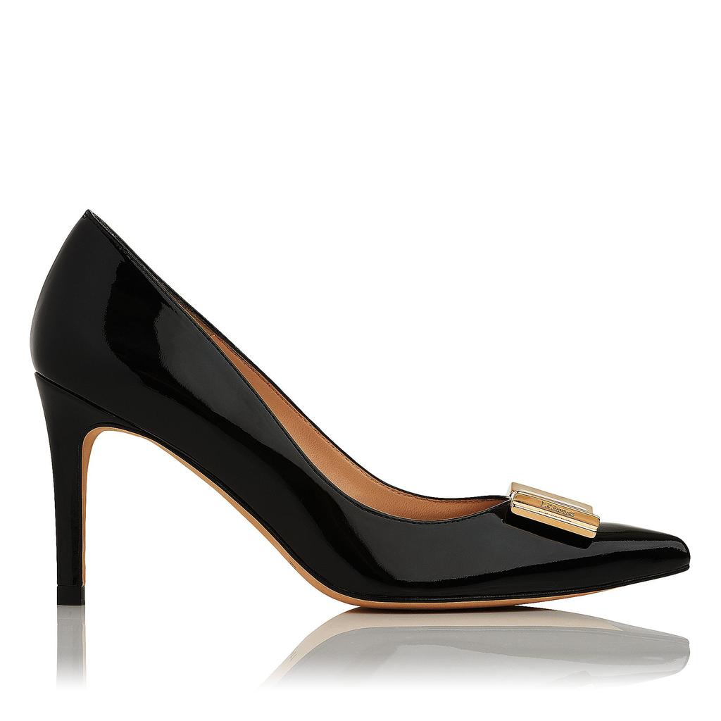 Ella Black Patent Courts - predominant colour: black; occasions: evening; material: leather; heel height: high; heel: stiletto; toe: pointed toe; style: courts; finish: patent; pattern: plain; season: s/s 2016; wardrobe: event