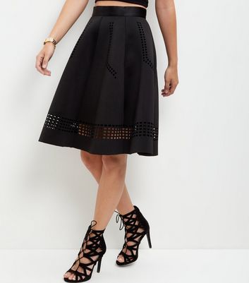 Black Scuba Laser Cut Out Trim Midi Skirt - pattern: plain; style: full/prom skirt; fit: loose/voluminous; waist: high rise; predominant colour: black; occasions: evening, occasion, creative work; length: on the knee; fibres: polyester/polyamide - stretch; hip detail: subtle/flattering hip detail; pattern type: fabric; texture group: woven light midweight; season: s/s 2016; wardrobe: basic