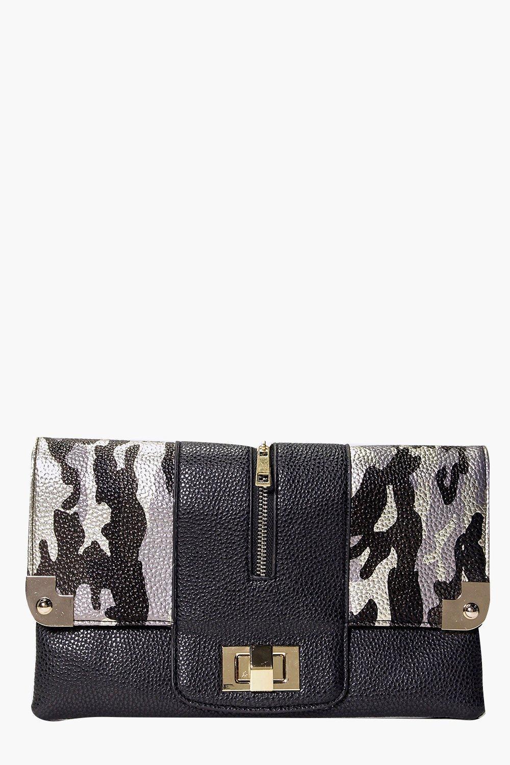 Camouflage And Metal Detail Clutch Bag Black - secondary colour: white; predominant colour: black; occasions: evening; type of pattern: light; style: clutch; length: hand carry; size: small; material: faux leather; finish: plain; pattern: patterned/print; season: s/s 2016; wardrobe: event
