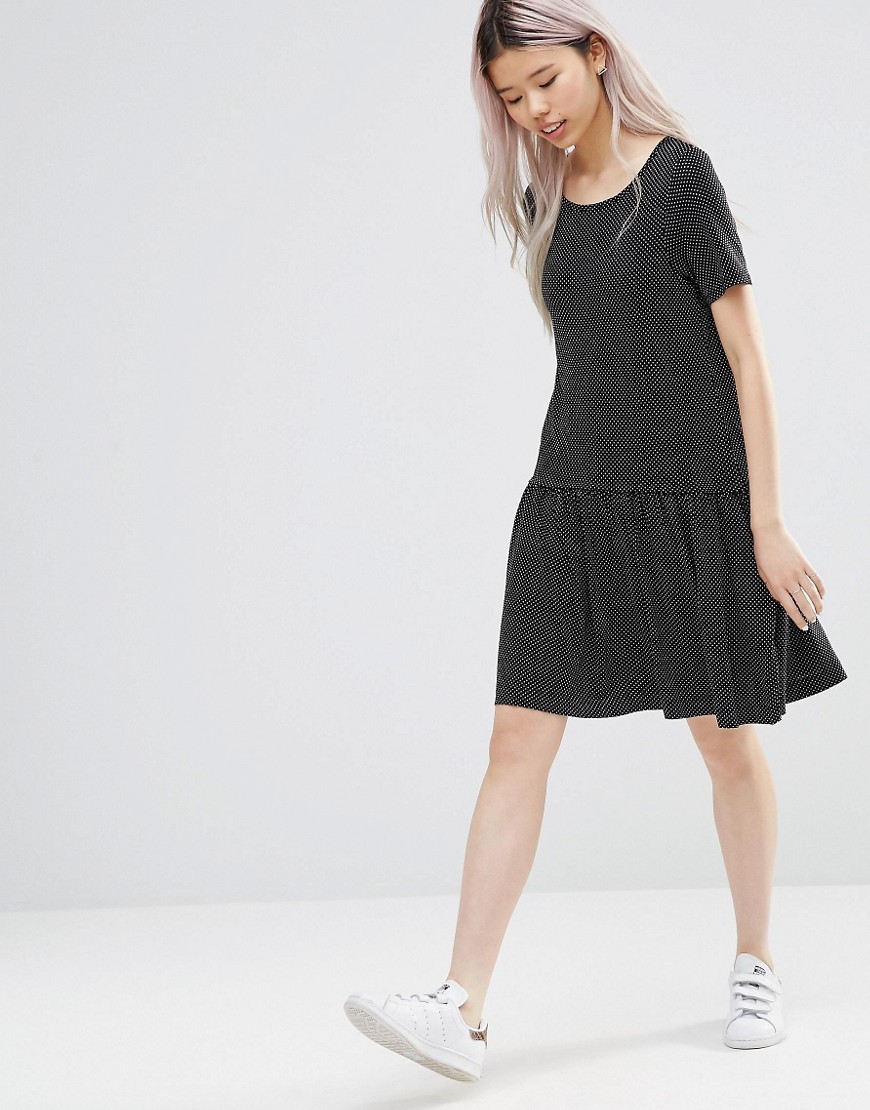 Drop Waist Jersey Dress In Polka Dot Print Blue - neckline: round neck; style: drop waist; pattern: polka dot; predominant colour: navy; occasions: casual; length: just above the knee; fit: body skimming; fibres: viscose/rayon - 100%; sleeve length: short sleeve; sleeve style: standard; pattern type: fabric; texture group: jersey - stretchy/drapey; season: s/s 2016; wardrobe: highlight