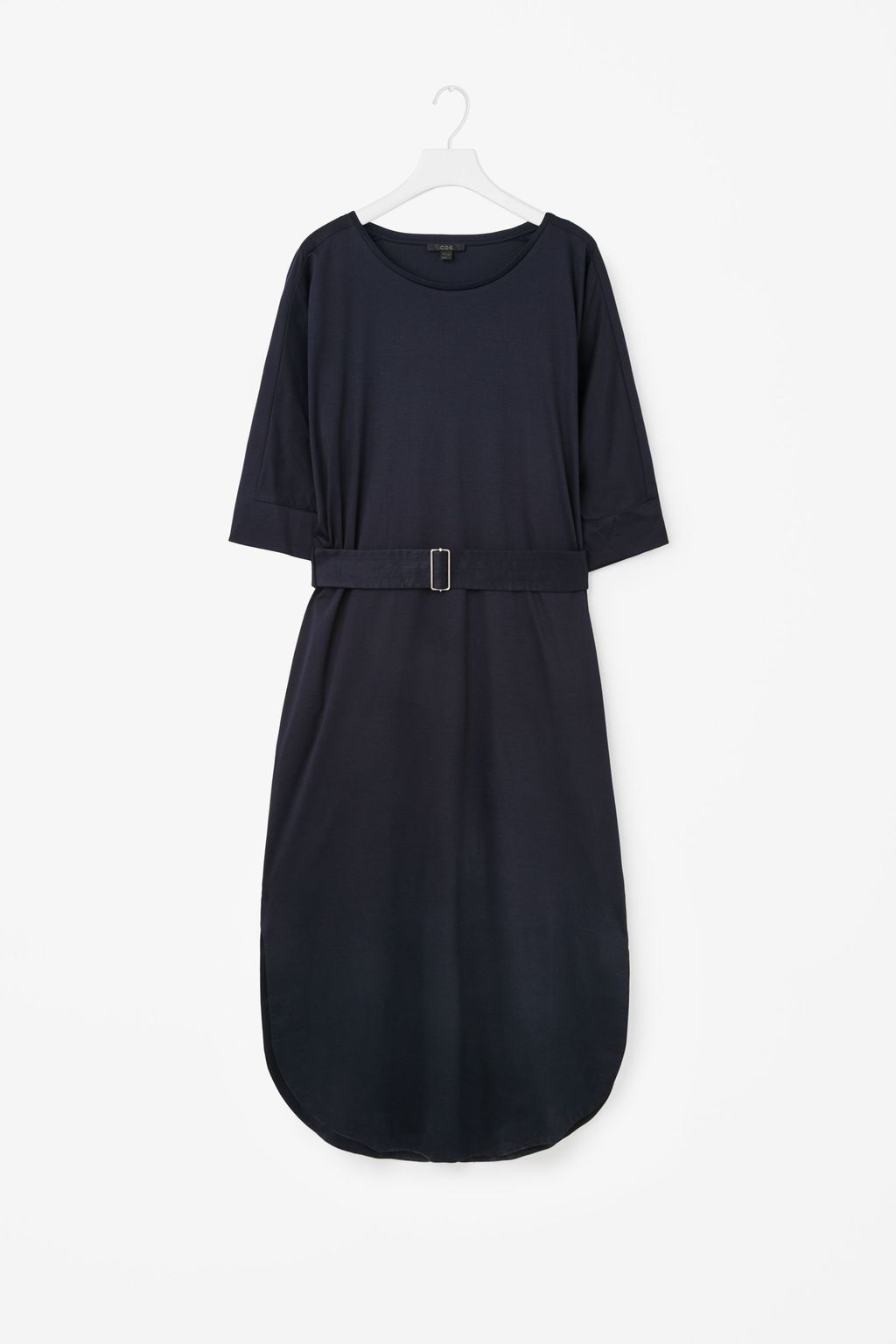 Belted Jersey Dress - style: shift; length: calf length; neckline: round neck; pattern: plain; predominant colour: navy; occasions: casual; fit: body skimming; fibres: cotton - 100%; sleeve length: 3/4 length; sleeve style: standard; pattern type: fabric; texture group: jersey - stretchy/drapey; season: s/s 2016; wardrobe: basic