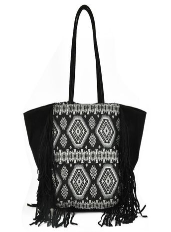 Sally Young Canvas Tote Bag - secondary colour: light grey; predominant colour: black; occasions: casual; type of pattern: standard; style: tote; length: shoulder (tucks under arm); size: standard; material: fabric; embellishment: tassels; finish: plain; pattern: patterned/print; season: s/s 2016; wardrobe: highlight