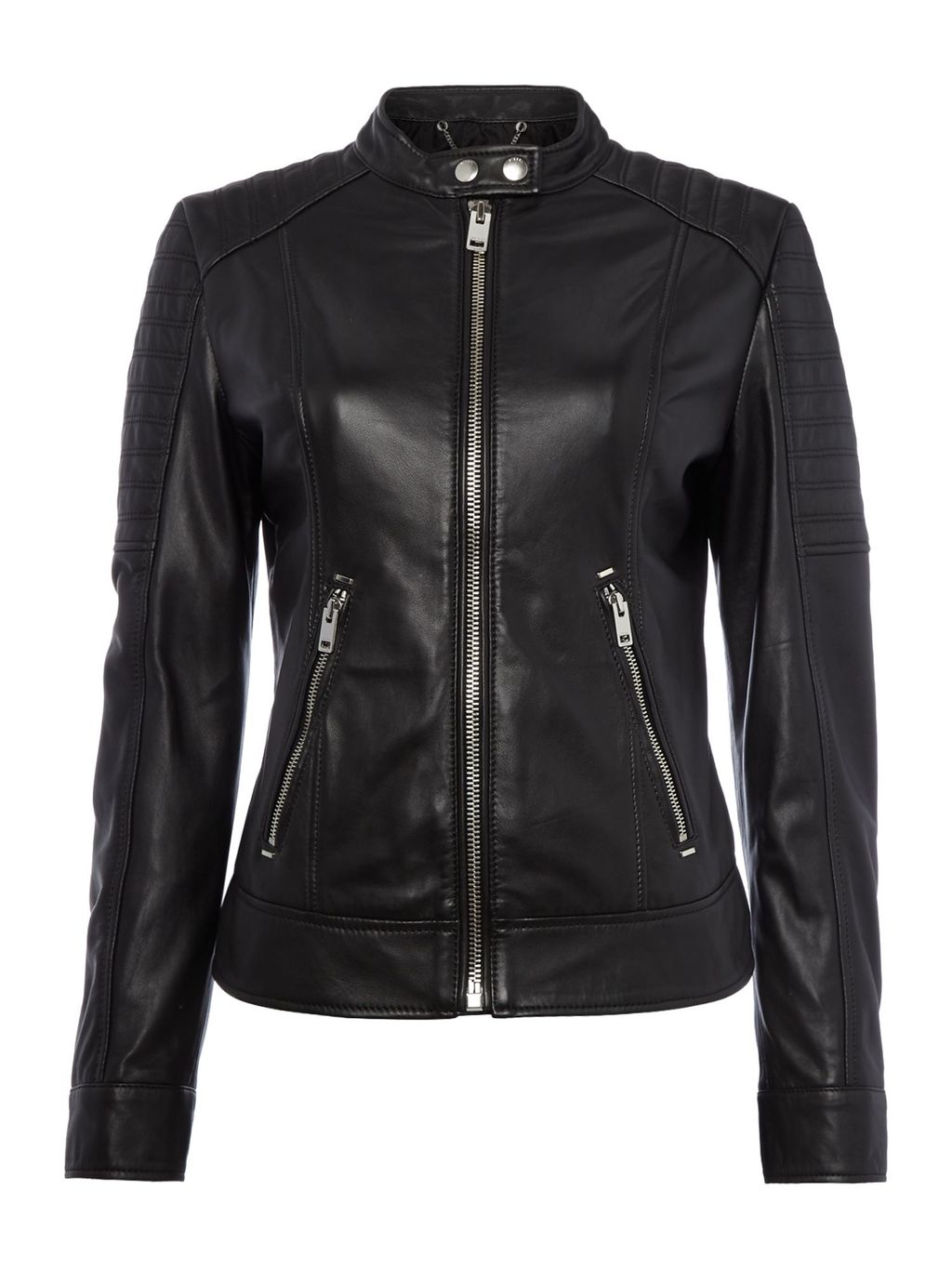 L Nayt Leather Jacket, Black - pattern: plain; style: biker; collar: standard biker; predominant colour: black; occasions: casual, creative work; length: standard; fit: tailored/fitted; fibres: leather - 100%; sleeve length: long sleeve; sleeve style: standard; texture group: leather; collar break: high/illusion of break when open; pattern type: fabric; season: s/s 2016; wardrobe: basic