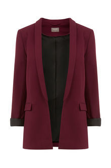 The Boyfriend Jacket - pattern: plain; style: single breasted blazer; collar: standard lapel/rever collar; predominant colour: burgundy; occasions: casual, creative work; length: standard; fit: tailored/fitted; fibres: polyester/polyamide - 100%; sleeve length: long sleeve; sleeve style: standard; collar break: low/open; pattern type: fabric; texture group: other - light to midweight; season: s/s 2016; wardrobe: highlight