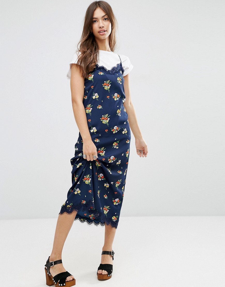 Lace Trim Ditsy Cami Maxi Dress Navy Floral - length: below the knee; neckline: v-neck; sleeve style: spaghetti straps; predominant colour: navy; secondary colour: coral; occasions: casual, creative work; fit: straight cut; style: slip dress; fibres: polyester/polyamide - 100%; sleeve length: sleeveless; texture group: silky - light; pattern type: fabric; pattern size: standard; pattern: florals; multicoloured: multicoloured; season: s/s 2016; wardrobe: highlight; embellishment location: bust