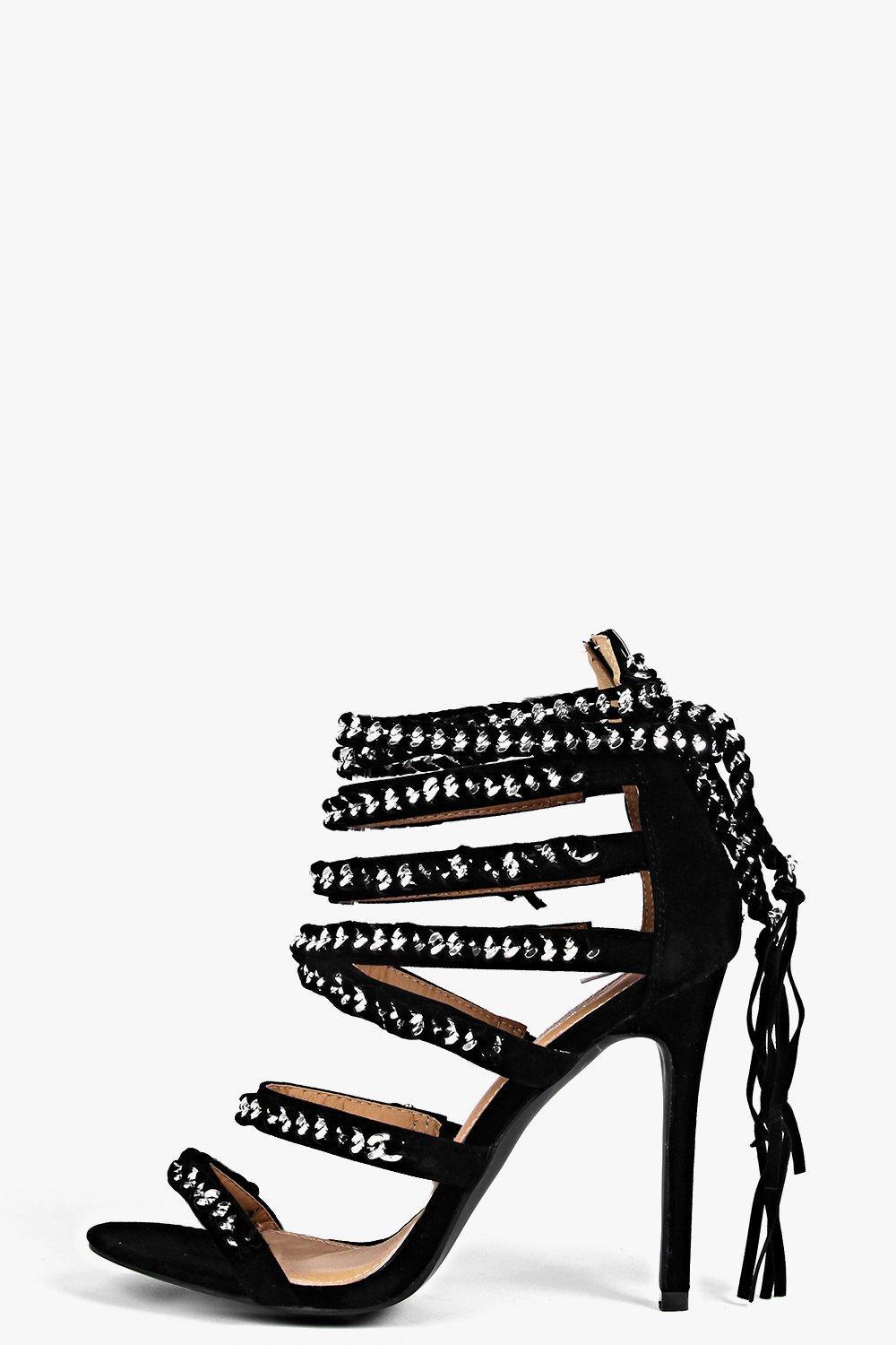 Chain And Multi Strap Heels Black - predominant colour: black; occasions: evening, occasion; material: faux leather; heel height: high; embellishment: feathers; ankle detail: ankle tie; heel: stiletto; toe: open toe/peeptoe; style: strappy; finish: plain; pattern: colourblock; season: s/s 2016; wardrobe: event