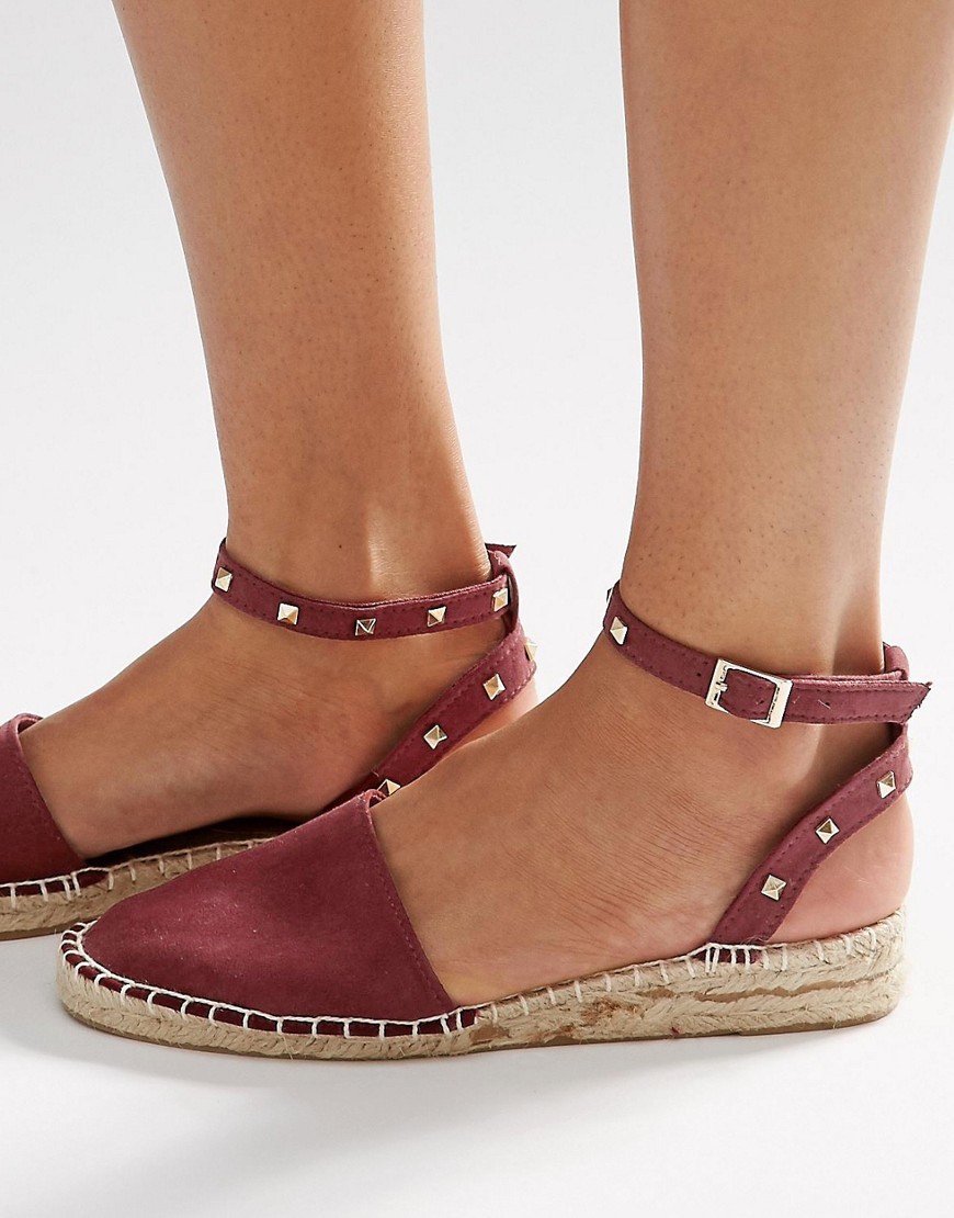 Jinx Studded Two Part Espadrilles Burgundy - predominant colour: burgundy; occasions: casual, holiday; material: fabric; heel height: flat; embellishment: studs; ankle detail: ankle strap; toe: round toe; finish: plain; pattern: plain; style: espadrilles; season: s/s 2016; wardrobe: highlight