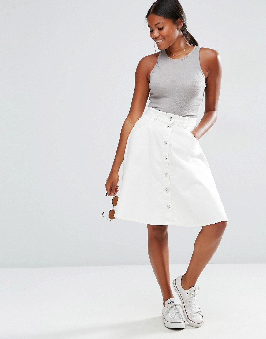 A Line Denim Skirt Snow White - pattern: plain; fit: loose/voluminous; waist: high rise; predominant colour: white; occasions: casual, creative work; length: on the knee; style: a-line; fibres: cotton - 100%; texture group: denim; pattern type: fabric; season: s/s 2016; wardrobe: basic; embellishment location: hip