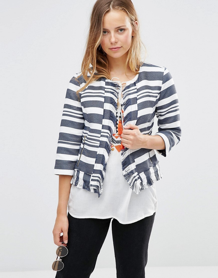 Carli Fringe Boxy Jacket Night Sky Solid - pattern: horizontal stripes; style: single breasted blazer; collar: round collar/collarless; predominant colour: navy; length: standard; fit: tailored/fitted; fibres: polyester/polyamide - 100%; sleeve length: 3/4 length; sleeve style: standard; collar break: high; pattern type: fabric; pattern size: standard; texture group: other - light to midweight; occasions: creative work; season: s/s 2016; wardrobe: investment