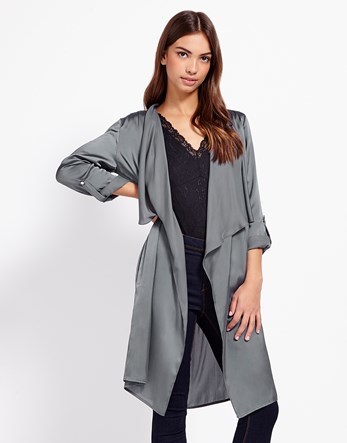 Satin Duster Jacket - pattern: plain; collar: shawl/waterfall; fit: loose; length: on the knee; predominant colour: mid grey; occasions: casual, creative work; fibres: polyester/polyamide - 100%; sleeve length: long sleeve; sleeve style: standard; collar break: low/open; pattern type: fabric; texture group: other - light to midweight; style: duster coat; season: s/s 2016; wardrobe: basic