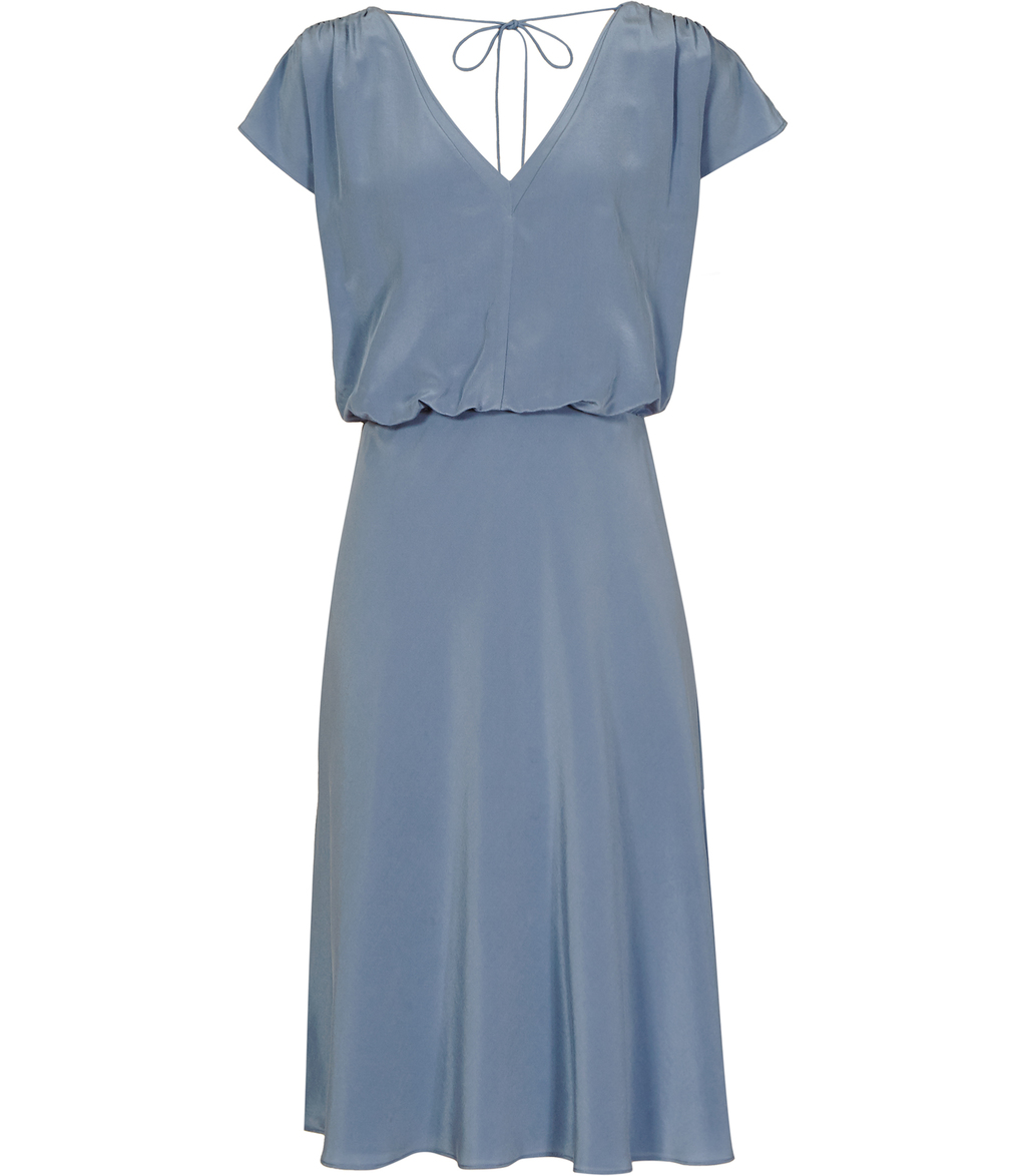 Cedar Womens V Neck Dress In Blue - style: shift; neckline: v-neck; sleeve style: capped; pattern: plain; predominant colour: pale blue; occasions: evening; length: on the knee; fit: body skimming; fibres: silk - 100%; sleeve length: short sleeve; texture group: silky - light; pattern type: fabric; season: s/s 2016; wardrobe: event