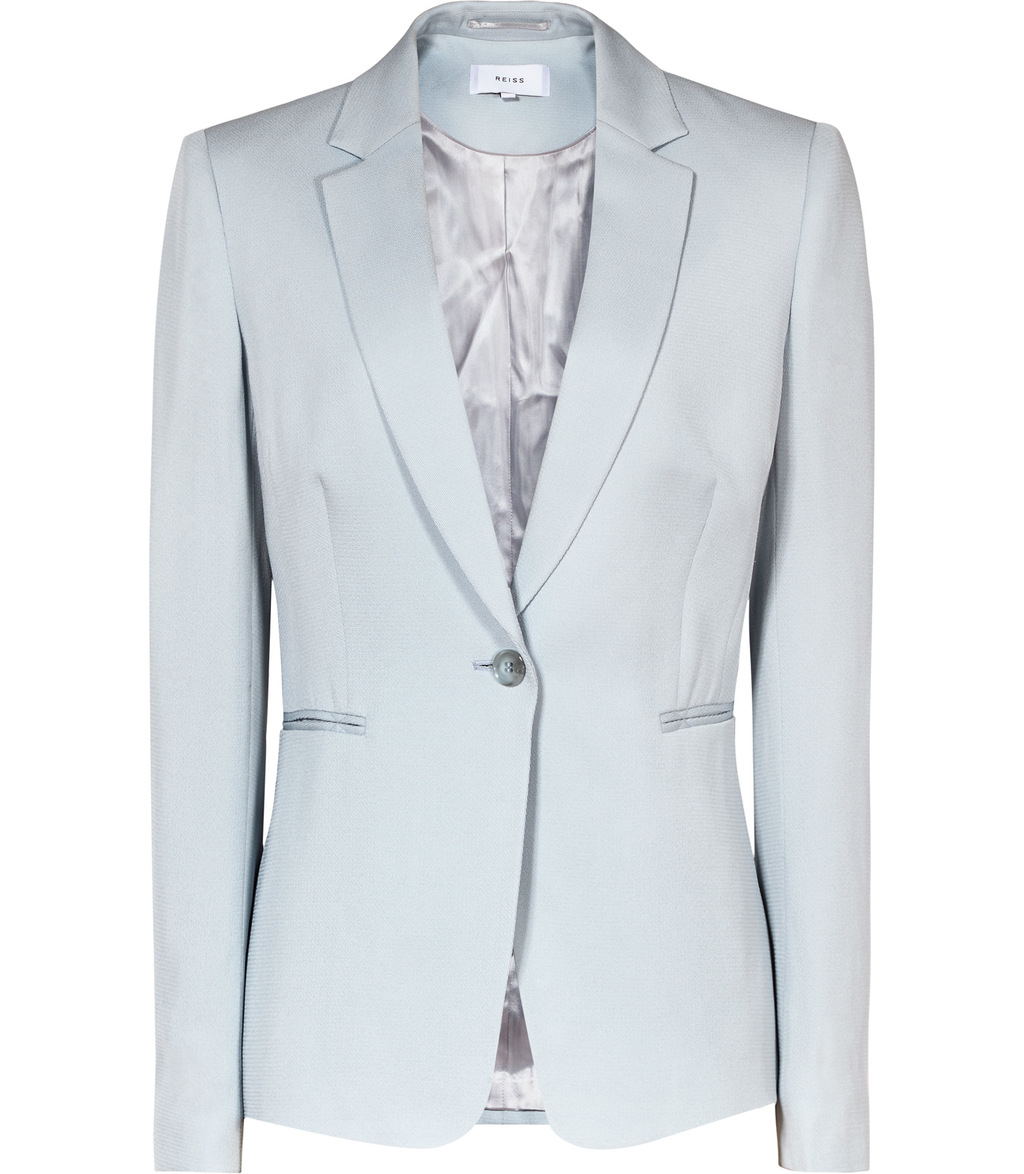 Reale Jacket Womens Single Breasted Blazer In Blue - pattern: plain; style: single breasted blazer; collar: standard lapel/rever collar; predominant colour: pale blue; occasions: work; length: standard; fit: tailored/fitted; fibres: viscose/rayon - 100%; sleeve length: long sleeve; sleeve style: standard; texture group: cotton feel fabrics; collar break: medium; pattern type: fabric; season: s/s 2016; wardrobe: investment